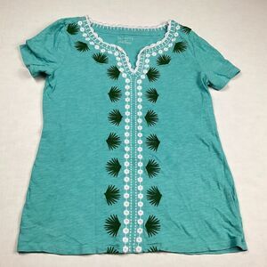 Talbots Embroidered Cotton T-Shirt Green Printed V-Neck Short Sleeve Tee Size XS